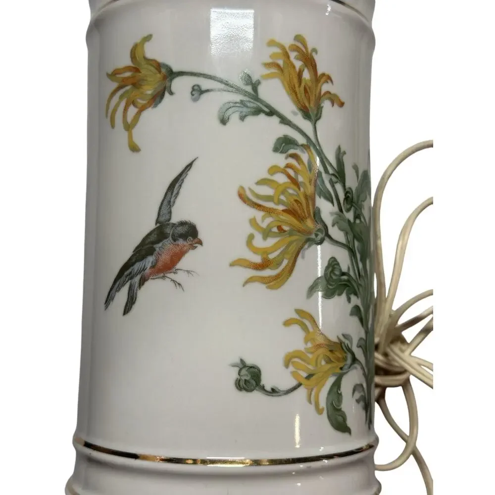 Vintage Pair White Gold Trim Ceramic Table Lamps With Floral Birds Butterflies